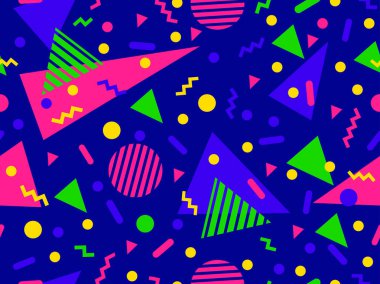 80 'lerin tarzında Memphis elementleriyle geometrik kusursuz desen. Renkli geometrik desen. Promosyon ürünleri tasarımı, ambalaj kağıdı ve baskı. Vektör illüstrasyonu