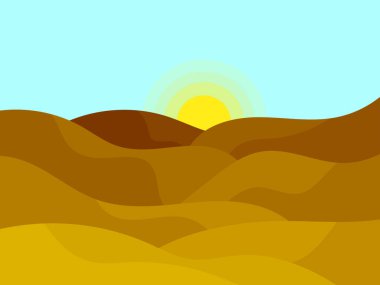 Minimalist tarzda dağ manzarası, kayalar ve kanyonlar. Dalgalı manzara, ufukta güneş var. Baskı, poster ve iç tasarım için Boho dekoru. Modern orta çağ dekoru. Vektör illüstrasyonu