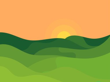 Yeşil tepelerin üzerinde gün batımı. Dalgalı bir manzaranın üzerinde yeşil tepeler ve çayırlarla minimalist bir şekilde uzanan güneş ışığı. Kapaklar, ambalajlar, afişler ve posterler için tasarım. Vektör illüstrasyonu