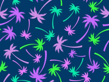 Palmiye ağaçları pürüzsüz. Yaz zamanı, tropik palmiye ağaçları desenli duvar kağıdı. Tişört, pankart ve promosyon ürünleri için tasarım. Vektör illüstrasyonu