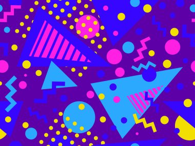 80 'lerin tarzında Memphis elementleriyle geometrik kusursuz desen. Farklı geometrik şekillere sahip renkli desenler. Paketleme, kaplama, paketleme ve promosyon ürünleri için tasarım. Vektör illüstrasyonu