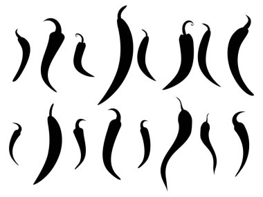 Siyah kırmızı biber siluetleri hazır. Baharatlı kapsiyum şekilleri koleksiyonu. Beyaz arka planda izole edilmiş. Yemek tasarımı, ambalaj, etiketler, kapaklar, afişler için mükemmel. Vektör illüstrasyonu