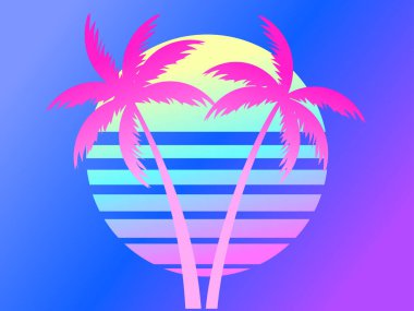 80 'lerin modası geçmiş bilim kurgu tarzında iki palmiye ağacı. Yaz zamanı. Gelecekçi güneş retro dalgası. Reklam broşürleri, afişler, posterler, seyahat acenteleri için tasarım. Vektör illüstrasyonu