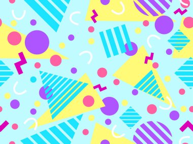 80 'lerin tarzında Memphis elementleriyle geometrik kusursuz desen. Farklı geometrik şekillere sahip renkli desenler. Paketleme, kaplama, paketleme ve promosyon ürünleri için tasarım. Vektör illüstrasyonu