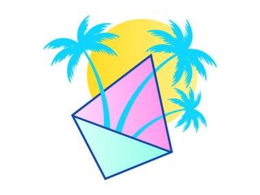 Güneşli palmiye ağaçları ve beyaz arka planda 3 boyutlu üçgen. Yaz afişi. Eğim kenarları ve vuruşları olan bir üçgen. Kapaklar, posterler, baskılar, tişörtler için tasarım. Vektör illüstrasyonu