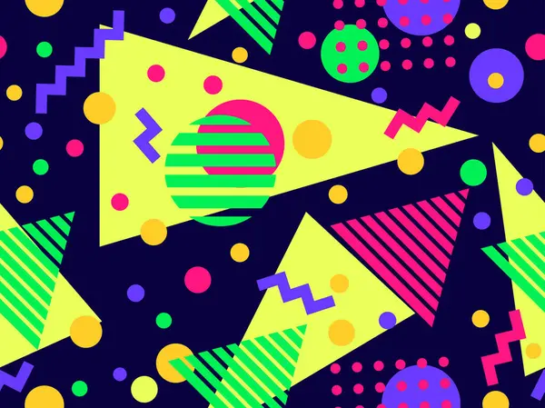 80 'lerin tarzında Memphis elementleriyle geometrik kusursuz desen. Farklı geometrik şekillere sahip renkli desenler. Paketleme, kaplama, paketleme ve promosyon ürünleri için tasarım. Vektör illüstrasyonu