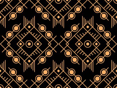 Çizgi sanatı tarzında geometrik kusursuz desen. Siyah arka planda altın çizgilerin Art deco geometrik deseni. Klasik doğrusal stil. Duvar kağıtları, ambalajlar ve afişler için tasarım. Vektör illüstrasyonu