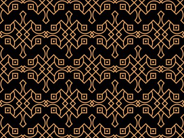 Çizgi sanatı tarzında geometrik kusursuz desen. Siyah arka planda altın çizgilerin Art deco geometrik deseni. Klasik doğrusal stil. Duvar kağıtları, ambalajlar ve afişler için tasarım. Vektör illüstrasyonu