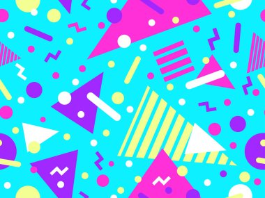 80 'lerin tarzında Memphis elementleriyle geometrik kusursuz desen. Farklı geometrik şekillere sahip renkli desenler. Paketleme, kaplama, paketleme ve promosyon ürünleri için tasarım. Vektör illüstrasyonu