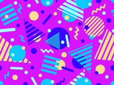 80 'lerin tarzında Memphis elementleriyle geometrik kusursuz desen. Farklı geometrik şekillere sahip renkli desenler. Paketleme, kaplama, paketleme ve promosyon ürünleri için tasarım. Vektör illüstrasyonu