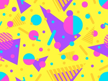 80 'lerin tarzında Memphis elementleriyle geometrik kusursuz desen. Farklı geometrik şekillere sahip renkli desenler. Paketleme, kaplama, paketleme ve promosyon ürünleri için tasarım. Vektör illüstrasyonu