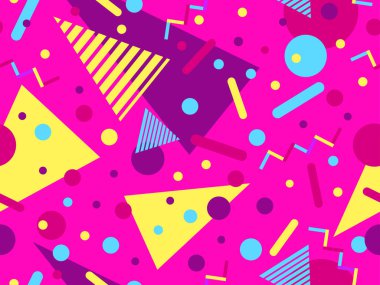 80 'lerin tarzında Memphis elementleriyle geometrik kusursuz desen. Farklı geometrik şekillere sahip renkli desenler. Paketleme, kaplama, paketleme ve promosyon ürünleri için tasarım. Vektör illüstrasyonu