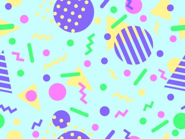 80 'lerin tarzında Memphis elementleriyle geometrik kusursuz desen. Farklı geometrik şekillere sahip renkli desenler. Paketleme, kaplama, paketleme ve promosyon ürünleri için tasarım. Vektör illüstrasyonu