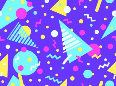 80 'lerin tarzında Memphis elementleriyle geometrik kusursuz desen. Farklı geometrik şekillere sahip renkli desenler. Paketleme, kaplama, paketleme ve promosyon ürünleri için tasarım. Vektör illüstrasyonu