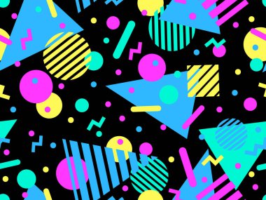 80 'lerin tarzında Memphis elementleriyle geometrik kusursuz desen. Farklı geometrik şekillere sahip renkli desenler. Paketleme, kaplama, paketleme ve promosyon ürünleri için tasarım. Vektör illüstrasyonu