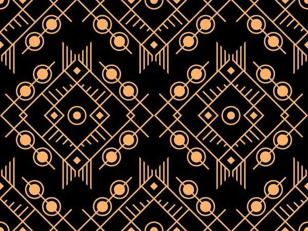 Çizgi sanatı tarzında geometrik kusursuz desen. Siyah arka planda altın çizgilerin Art deco geometrik deseni. Klasik doğrusal stil. Duvar kağıtları, ambalajlar ve afişler için tasarım. Vektör illüstrasyonu