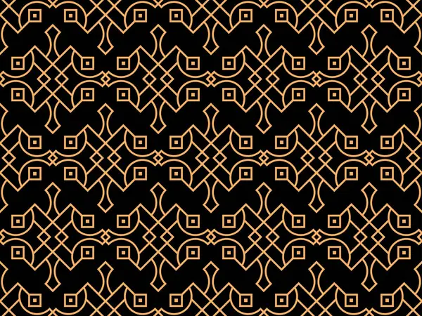 Çizgi sanatı tarzında geometrik kusursuz desen. Siyah arka planda altın çizgilerin Art deco geometrik deseni. Klasik doğrusal stil. Duvar kağıtları, ambalajlar ve afişler için tasarım. Vektör illüstrasyonu