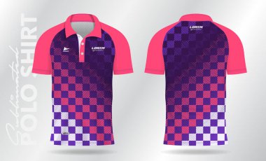 Badminton forması, tenis, futbol, futbol ya da spor üniforması için süblimleşme mor ve pembe polo şablon tasarımı