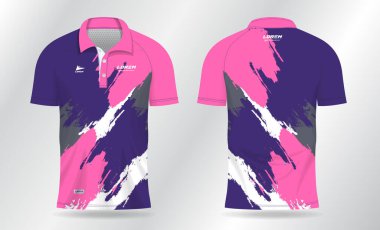 Polo forma şablon tasarımı için mavi ve pembe arka plan deseni. spor üniforması ön görünümde ve arka planda.