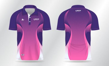 Polo forma şablon tasarımı için mavi ve pembe arka plan deseni. spor üniforması ön görünümde ve arka planda.
