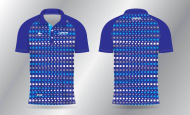 Mavi polo forma, badminton, tenis, futbol, futbol ya da spor forması için ön görüş ve arka görüş için şablon tasarımı.
