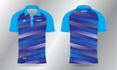 Mavi polo forma, badminton, tenis, futbol, futbol ya da spor forması için ön görüş ve arka görüş için şablon tasarımı.