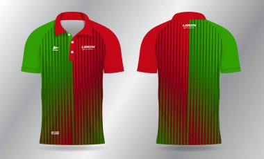 Badminton forması, tenis, futbol, futbol ya da spor üniforması için süblimleşme kırmızı ve yeşil polo şablon tasarımı