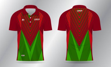 Badminton forması, tenis, futbol, futbol ya da spor üniforması için süblimleşme kırmızı ve yeşil polo şablon tasarımı