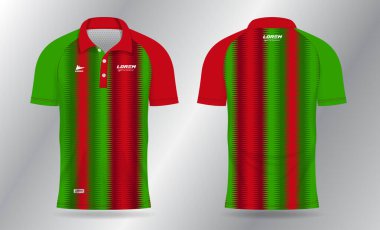 Badminton forması, tenis, futbol, futbol ya da spor üniforması için süblimleşme kırmızı ve yeşil polo şablon tasarımı