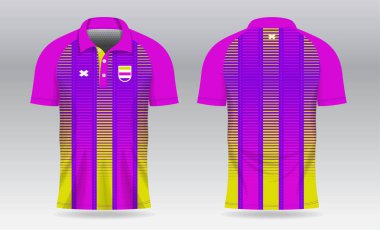 Futbol forması, futbol takımı, spor giysisi için pembe polo şablon tasarımı. Spor üniforması ön tarafta, arka planda. Kumaş desenli tişört modeli. Gömlek Mockup Vektör İllüstrasyonu