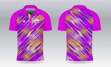 Futbol forması, futbol takımı, spor giysisi için pembe polo şablon tasarımı. Spor üniforması ön tarafta, arka planda. Kumaş desenli tişört modeli. Gömlek Mockup Vektör İllüstrasyonu