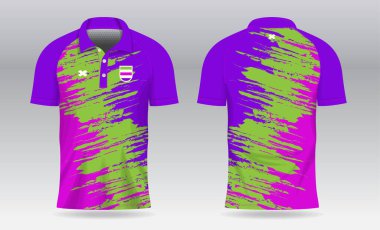 Futbol forması, futbol takımı, spor giysisi için pembe polo şablon tasarımı. Spor üniforması ön tarafta, arka planda. Kumaş desenli tişört modeli. Gömlek Mockup Vektör İllüstrasyonu