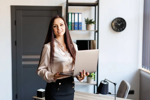 Adult Successful Female Employee Standing Modern Office Hold Laptop Arms — Stockfoto