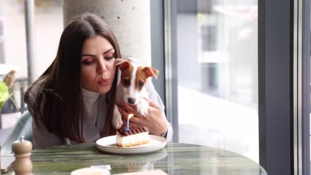 Femme Caucasienne Jack Russell Terrier Regarder Gâteau Avec Une Bougie — Video