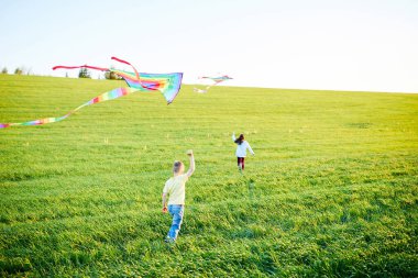 Mutlu çocuklar sahada uçurtma fırlatırlar. Küçük oğlan ve kız yaz tatilinde..
