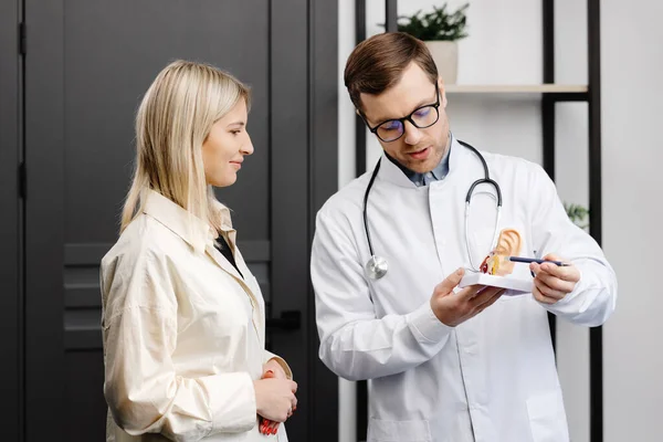 Young Attractive Otolaryngologist Doctor Shows Model Ear Tells Patient Structure — Foto Stock