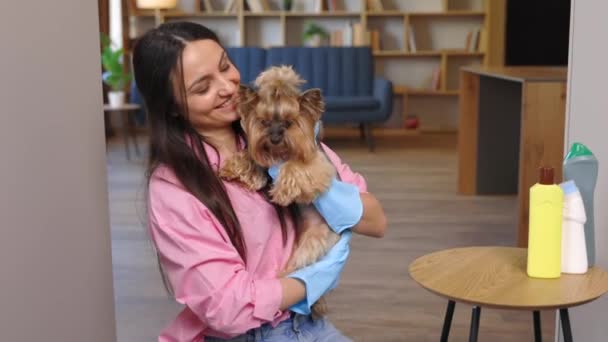 一个戴着橡胶手套的年轻漂亮的女人把她的小狗抱在怀里 另一只手拿着清洁剂 — 图库视频影像