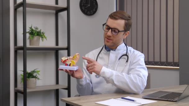 Young Attractive Otolaryngologist Doctor Sitting His Workplace Office Holding Model — Stock Video