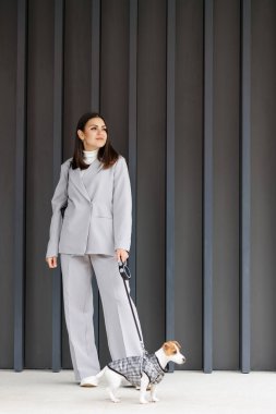 En sevdiği tüylü, eğitimli safkan Jack Russell Terrier köpeğiyle, sonbahar günü açık havada duvarın yanında köpek kostümü giymiş bir kadın. Sadık en iyi arkadaşlar