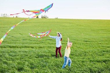 Mutlu çocuklar sahada uçurtma fırlatırlar. Küçük oğlan ve kız yaz tatilinde..