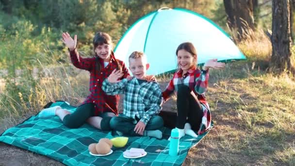 Crianças Sentadas Planície Olhando Para Câmera Acenam Com Mãos Saudação — Vídeo de Stock