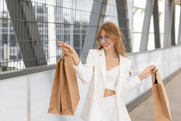 Positive Girl Wearing Stylish Suit Walking Street Shopping Many Paper — 图库照片