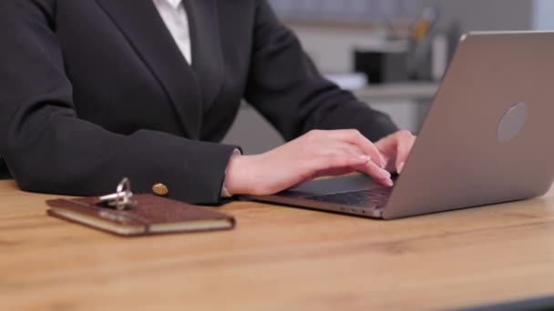 Young Happy Employee Business Woman Wearing Suit Sitting Office Desk — Stock Video