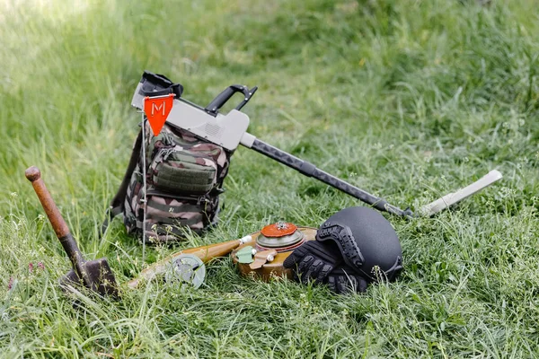 Explosive Devices Metal Detector Lie Background Forest Massif Equipment Demining — Stock Photo, Image
