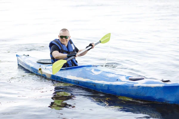 Kayaking River Young Caucasian Man Sits Kayak Paddles Concept Water — Stock Photo, Image
