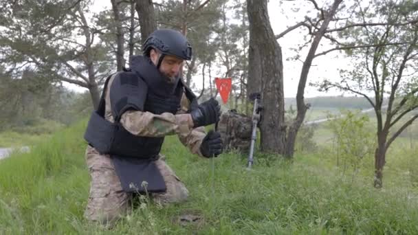 Человек Военной Форме Пуленепробиваемом Жилете Работает Лесу Разминировать Территорию Человек — стоковое видео