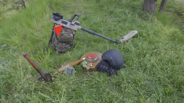 Explosive Devices Metal Detector Lie Background Forest Massif Equipment Demining — Stock Video