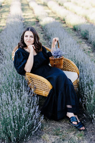 Attractive Young Woman Black Dress Sitting Chair Surrounded Lavender Field — Photo