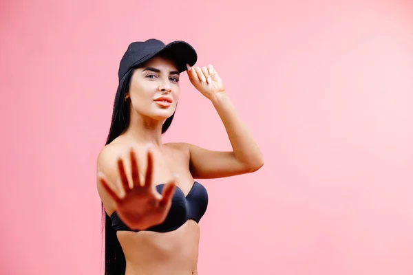 Slim Woman Black Swimsuit Cap Showing Stop Gesture His Hand — Stock Fotó