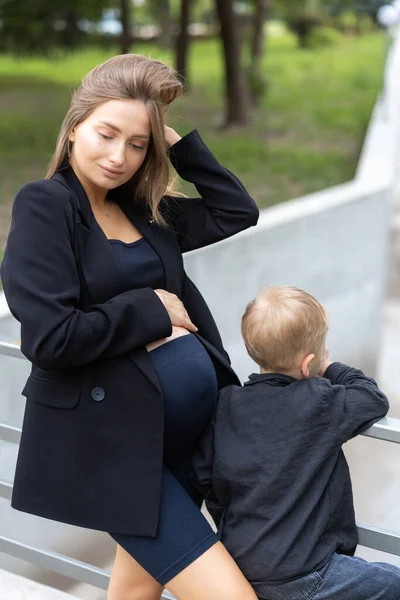 Pregnant Mother Her Little Son Walking Funny Spending Time Together — Stock Photo, Image